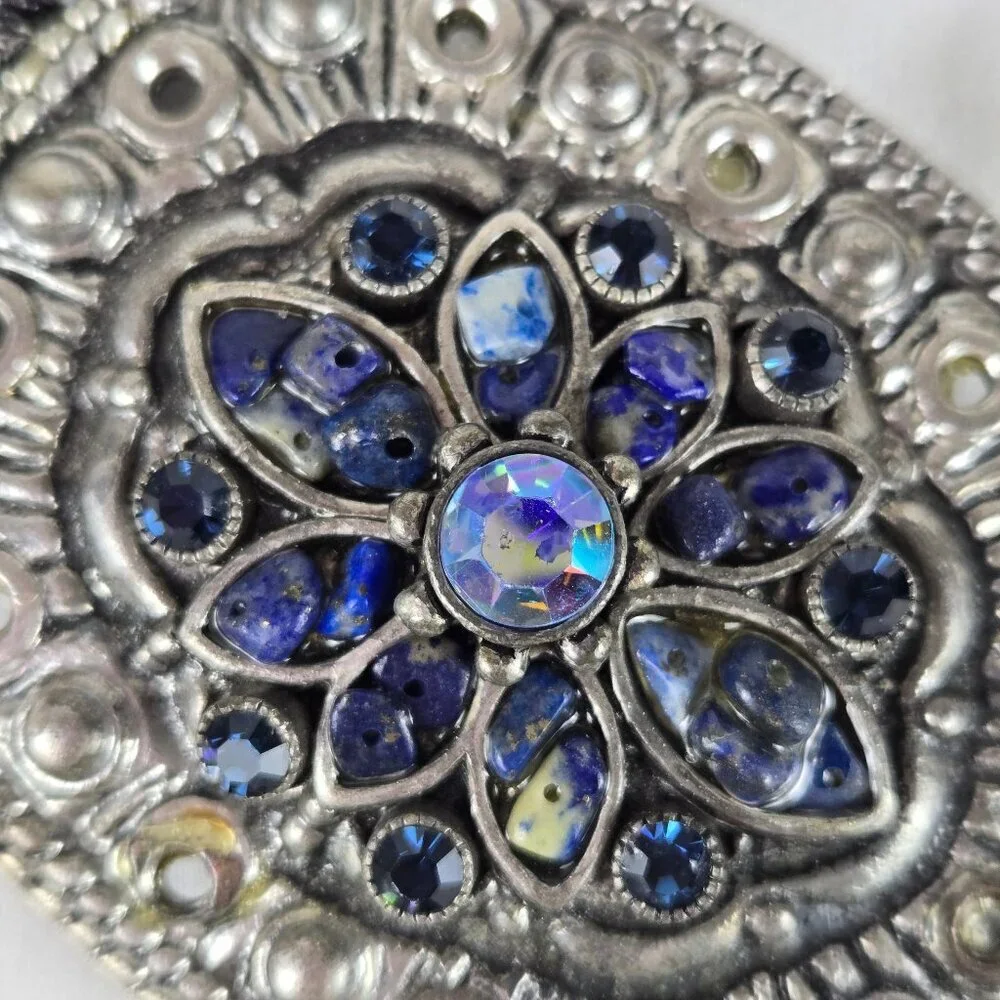 Blue Silver Glitter Accented Belt Metal Buckle with Blue Crystal & Stone Accents